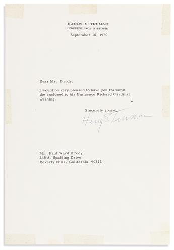 TRUMAN, HARRY S. Photograph Signed and Inscribed, To Paul Ward Brody / Kindest regards / from / HarrySTruman / 1-18-65,